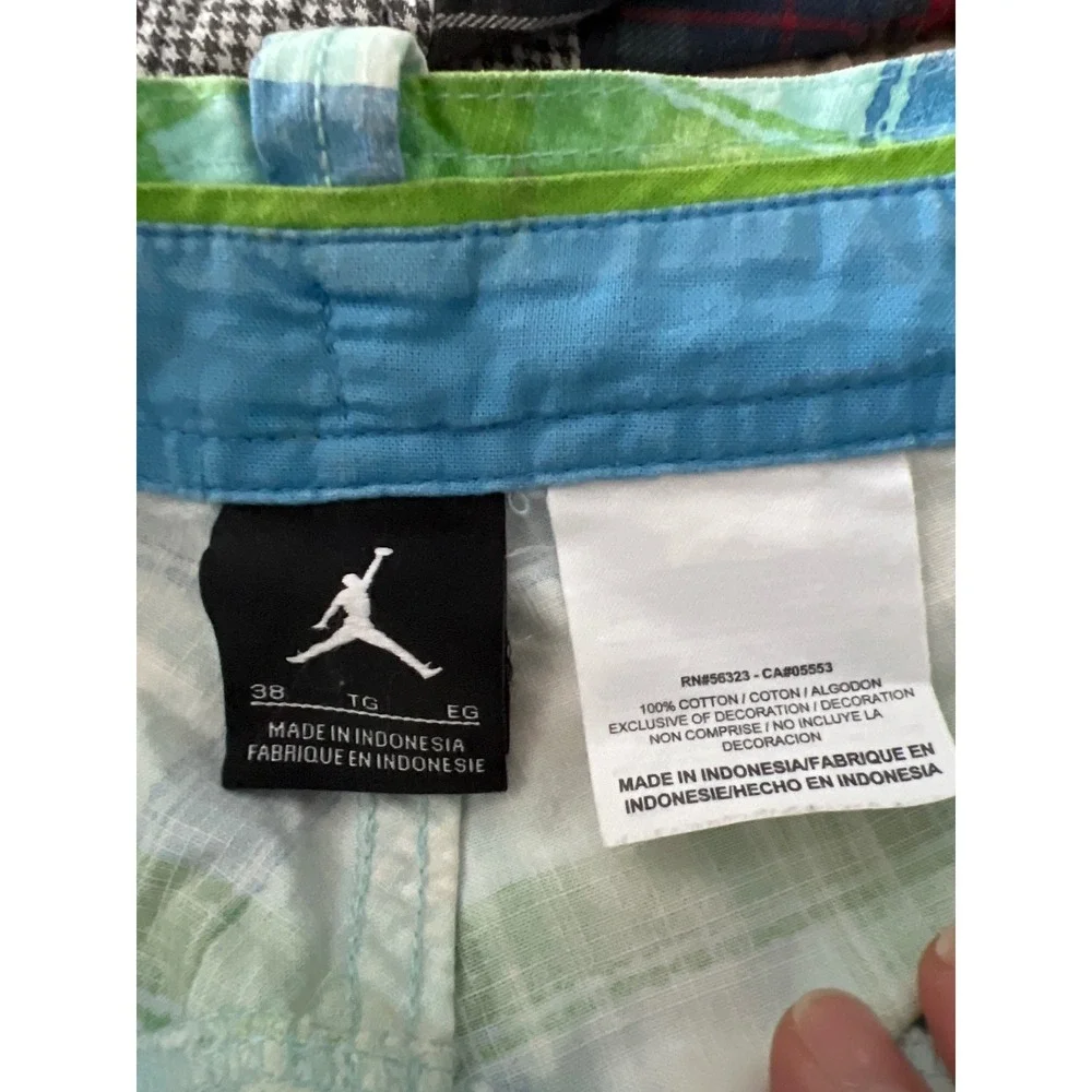 Jordan Mens Plaid Cargo Shorts Blue Green White Size 38 Cotton Jumpman Y2K Retro